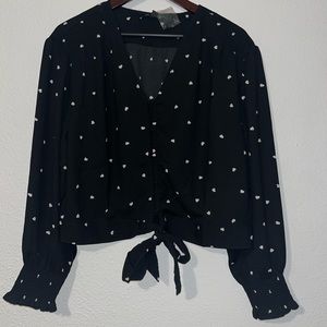 Anthropologie Broadway 38 Black/White Heart Print Button Front Tie Waist Shirt L
